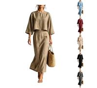 2026 Airport Outfit Co Ord Sets for Women Cotton Linen Two Piece Set Elegant Round Neck Flowy 3/4 Sleeves and High Waist Maxi Skirt Lounge Wear Sets for Women UK Work Office Everyday Wear