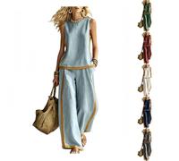 2026 Airport Outfit Co Ord Sets for Women Cotton Linen Two Piece Set Elegant Sleeveless Top and Wide Leg Pant with Pockets Lounge Wear Sets for Women UK Holiday Travel Everyday Wear