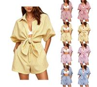 2026 Airport Outfit Co Ord Sets for Women Two Piece Set Elegant Striped Plus Size Blouse and Adjustable Loose Shorts with Pockets Lounge Wear Sets for Women UK Holiday Travel Everyday Wear