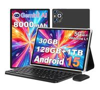 2026 Android 15 Tablet, 10.1" IPS HD Tablet with Keyboard & Mouse, 30GB RAM+128GB ROM (Expand to 1TB), Widevine L1, 8000mAh Battery, 5MP+8MP Dual Camera, 2.4G/5G WiFi, Bluetooth 5.0, GPS - Metal Black