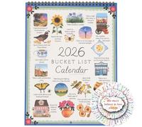 2026 Bucket List Calendar - Inspirational Goal Planner with Illustrated Monthly Pages, Spiral Wall Calendar & 50 Inspirational Stickers for Mindful Living, Goal Setting &Gift for Friends & Family