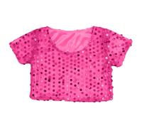 2026 Carnival Girls Glitter Sequin Crop Top Short Sleeve Shirt for Stage Performance Singing Dancing and Show Elastic Tee (3-8 Years) Hot Pink