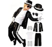 2026 Child King of Pop Musician Costume 7-Piece Set Sequin Jacket Striped Pants with Hat Sunglasses Gloves and T-Shirt 80s 90s Music Icon for Party Stage Performance and Fancy Outfits for Boy (A, 2XL)