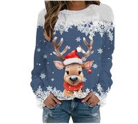 2026 Christmas Women's Autumn and Winter Snowflake Animal Printed Round Neck Shoulder Long Sleeved Casual Sports Sweatshirt (Blue, M)