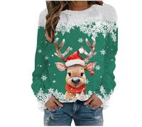 2026 Christmas Women's Autumn and Winter Snowflake Animal Printed Round Neck Shoulder Long Sleeved Casual Sports Sweatshirt (Green, M)