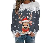 2026 Christmas Women's Autumn and Winter Snowflake Animal Printed Round Neck Shoulder Long Sleeved Casual Sports Sweatshirt (Dark Gray, XL)