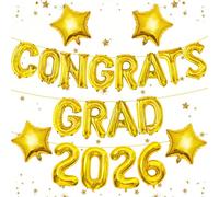 2026 Congrats Grad Balloons Graduation Decorations 2026, 16 Inch Gold Congrats Grad Foil Mylar Balloon Banner Sign for High School College Class of 2026 Congratulations Graduate Party Decor Supplies