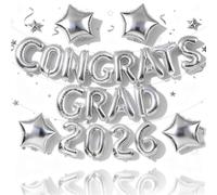 2026 Congrats Grad Balloons Graduation Party Decorations 2026, 16 Inch Silver Congrats Grad Foil Mylar Balloon Banner Sign for High School College Class of 2026 Congratulations Graduate Party Decor