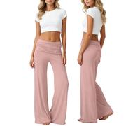 2026 Coral Fold Over Yoga Pants, On-Trend Solid Wide Leg Loose Fit Lounge Pants with Ruched Waist, for Yoga Sports Everyday, 04-Pink, L