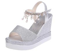 2026 Crystalline Pearl Sandals Platforms Heels,Open Toe Wedge Sandals with Rhinestone Ankle Strap, Glitter Dressy Summer Shoes for Women (Silver,6)