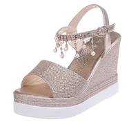 2026 Crystalline Pearl Sandals Platforms Heels,Open Toe Wedge Sandals with Rhinestone Ankle Strap, Glitter Dressy Summer Shoes for Women (Gold,6.5)