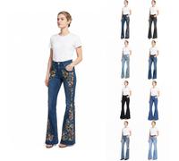 2026 Denim Jeans for Women UK Boho Floral Embroidery Design Wide Leg High Waisted Flared Stretch Comfy Palazzo Trousers Casual Denim Pants with Pockets for Holiday Travel Office Work Everyday Wear