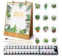 2026 Desk Calendar Floral Plant Design, Paint by Numbers Complete DIY Kit with 3 Brushes Paints, Every Month is a New Painting for Creative Fun Year Freestanding Calendar for Home Office Gift, 8.8"x7"