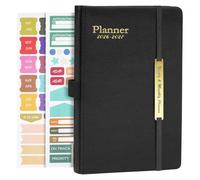 2026 Diary A5 Daily & Weekly, A5 Page a Day January 2026 - June 2027, 180° Flat out, Monthly Stickers, PU Leather Softcover, Black