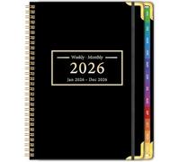 2026 Diary A5 Week to View, Spiral Bound Weekly & Monthly Planner, Jan to Dec, Colourful 12-Monthly Tabs, Hardcover, Daily Calendar 2026 Planner with Flexible Plastic Cover, Inner Pocket, Black