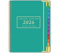 2026 Diary A5 Week to View, Spiral Bound Weekly & Monthly Planner, Jan to Dec, Colourful 12-Monthly Tabs, Hardcover, Daily Calendar 2026 Planner with Flexible Plastic Cover, Inner Pocket, Green