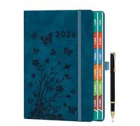 2026 Diary Day per Page, A5 Diary Page a Day January to December, Daily & Monthly Planner with Colorful Monthly Tabs, Floral Design, Elastic Pen Holder, Pen Loop & Inner Pocket, Peacock Blue.