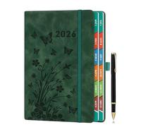 2026 Diary Day per Page, A5 Diary Page a Day January to December, Daily & Monthly Planner with Colorful Monthly Tabs, Floral Design, Elastic Pen Holder, Pen Loop & Inner Pocket, Sea Green.