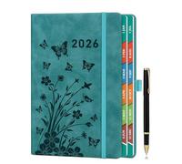 2026 Diary Day per Page, A5 Diary Page a Day January to December, Daily & Monthly Planner with Colorful Monthly Tabs, Floral Design, Elastic Pen Holder, 2 Bookmarks, Pen Loop & Inner Pocket, Teal.