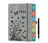 2026 Diary Day per Page, A5 Diary Page a Day January to December, Daily & Monthly Planner with Colorful Monthly Tabs, Floral Design, Elastic Pen Holder, 2 Bookmarks, Pen Loop & Inner Pocket, Grey.