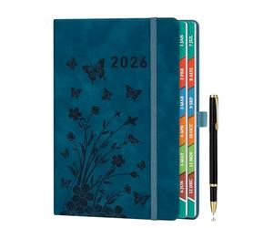 2026 Diary Day per Page, A5 Diary Page a Day January to December, Daily & Monthly Planner with Colorful Monthly Tabs, Floral Design, Elastic Pen Holder, Pen Loop & Inner Pocket, Peacock Blue.