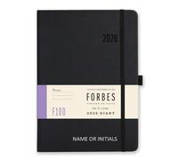 2026 Diary - Forbes Collection from Tangible Stationery Co. Ltd - A5 Daily - Day a Page with Appointments - Ribbon Marker - Elastic Closure - Storage Pocket - Personalised Version - Black