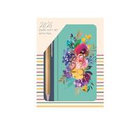 2026 Diary & Pen Gift Set Navy Stripe Floral - Slim Week to View Diary & Gold Ballpoint Pen Gift Box - Botanical Weekly Planner Travel Wallet Size