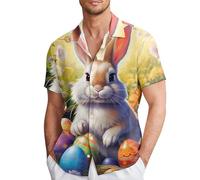 2026 Easter Costume Short Sleeve Shirt with Easter Bunny Print for Men, khaki, L
