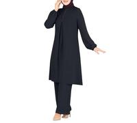 2026 Eid Ramadan Abaya Modest Women's Muslim 2 Sets Long Sleeve Button Down Shirt and Pants Casual Dress Dubai Outfits (Black, M) (2)
