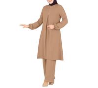 2026 Eid Ramadan Abaya Modest Women's Muslim 2 Sets Long Sleeve Button Down Shirt and Pants Casual Dress Dubai Outfits (Khaki, M) (2)