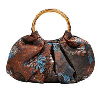 2026 Elegant Embroidered Pleated Floral Clutch for Women Bamboo Top-Handle Ruched Evening Bag Funky Flower Purse For Wedding, Muti-color Brown