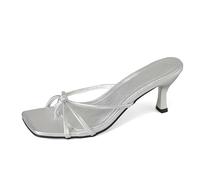 2026 Elegant Slim Strap High Heel Mules Everyday Lightweight Slip On Sandals With Square Toe, silver, 6 UK