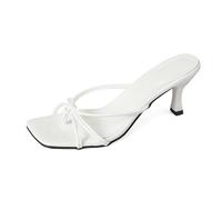 2026 Elegant Slim Strap High Heel Mules Everyday Lightweight Slip On Sandals With Square Toe, White, 5 UK