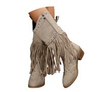 2026 Fashion Rhinestone Boots Women Knee High Western Fringe Low Chunky Stacked Heel Pointed Toe Mid Calf Cowboy Zipper Glitter Tassel Dress Boot Fall 4-11 M (White, 7)