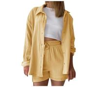 2026 Fashion Set for Women, Shorts Set, Long Sleeve Shirt, Shorts, Two Piece Set, Basic Shirt Top Shorts Set, Summer Things Women, yellow, XL