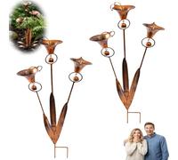 2026 Flamed Copper Three Calla Lilies Garden Stake with Bells, Handmade Metal Flower Rain Catcher, Metal Plant Sculpture Yard Art Decor, Rustic Wind Chime Ornament for Lawn Patio Garden (2pcs)