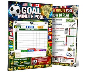 2026 Football Goal Minute Pool Game - 100 Square Board, 10 Sheets 37x26cm | Printed both sides, 150gsm paper, Tracks first 4 goals, Special 45 and 99 squares, How to play page