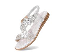 2026 Glitter Shoes Women's Summer Elegant Flat Rhinestone Sandals For Girls Women Comfortable Soft Soles Elastic Band Slingback Wide Beach Sum (Silver, 5.5)