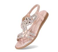 2026 Glitter Shoes Women's Summer Elegant Flat Rhinestone Sandals For Girls Women Comfortable Soft Soles Elastic Band Slingback Wide Beach Sum (7.5)