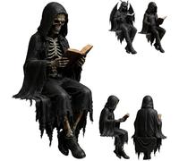 2026 Gothic Dark Fantasy Figure,Reading Death Gothic Skeleton Demon Hooded Figurine Set,Resin Sitting Reaper Reading Book Sculpture,Hooded Skeleton Demon Figure,Hand-Painted Resin,Home Decor (B)
