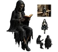 2026 Gothic Dark Fantasy Figure,Reading Death Gothic Skeleton Demon Hooded Figurine Set,Sitting Reaper Reading Book Statue,Halloween Hooded Death Resin Figurine for Home Bookshelf Desktop PC Decor