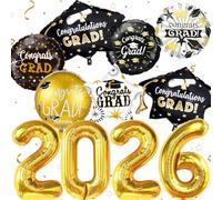 2026 Graduation Balloons, Black Gold Congrats Grad Cap Balloons Graduation Decorations 2026 Congrats Grad Round 2026 Foil Balloon for Class of 2026 High School College Graduation Party Decoration