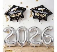 2026 Graduation Cap Balloons, Black Grad Hat Foil Balloon Congrats Grad Balloon Decorations 40 Inch Silver 2026 Balloons for High School College Class of 2026 Congratulations Graduate Party Decoration