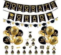 2026 Graduation Decorations, Black Gold Party Supplies for Graduation Prom | Black & Gold Congrats Grad Banner, Balloons, Spiral, Cupcake Toppers for College High School Graduation Party Supplies