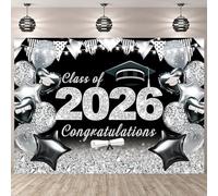 2026 Graduation Party Backdrop 10X8FT Black Silver Class of 2026 Glitter Graduation Photography Background Congrats Grad Party School Prom Cake Table Decorations Banner