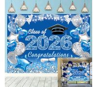 2026 Graduation Party Backdrop Blue Silver Class of 2026 Glitter Graduation Photography Background Party School Prom Cake Table Decorations Banner (Blue, 7X5FT(82x59inch))