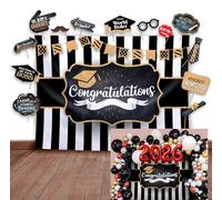 2026 Graduation Party Backdrop - Classy Black, White and Gold Theme Photography Fabric Backdrop and Studio Props DIY Kit. Great as Photo Booth Background Party Supplies and Prom Banner Decorations