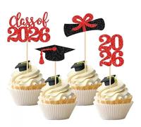 2026 Graduation Party Decorations Cupcake Toppers - 24Pcs Red Glitter Congrats GRAD Cupcake Toppers - Class of 2026 Cake Picks for Dessert, Ceremony & Celebration Supplies