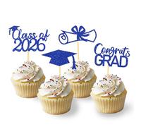 2026 Graduation Theme Cupcake Toppers Glitter Class of 2026 Graduation Cap Diploma Cupcake Picks - Set of 24 (Blue-2026)