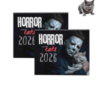 2026 Halloween Horror Movie & Cats Wall Calendar, Fear Theme Cat Calendar, Spooky Cat Art Different Illustrations, 12 Monthly Planner Wall, Spiral Bound, Horror collection Halloween decor (2pcs)